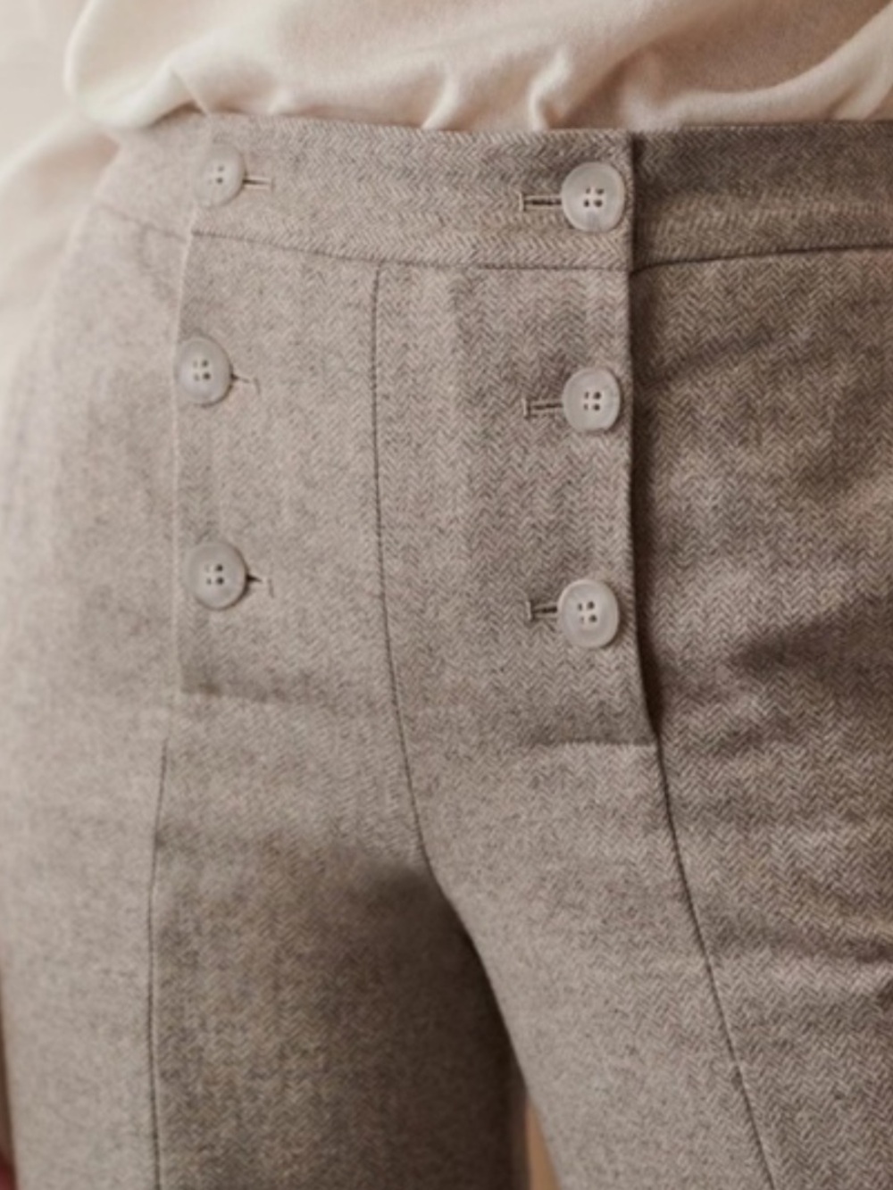 Sezane Button-Front Pants in Light Gray Herringbone
